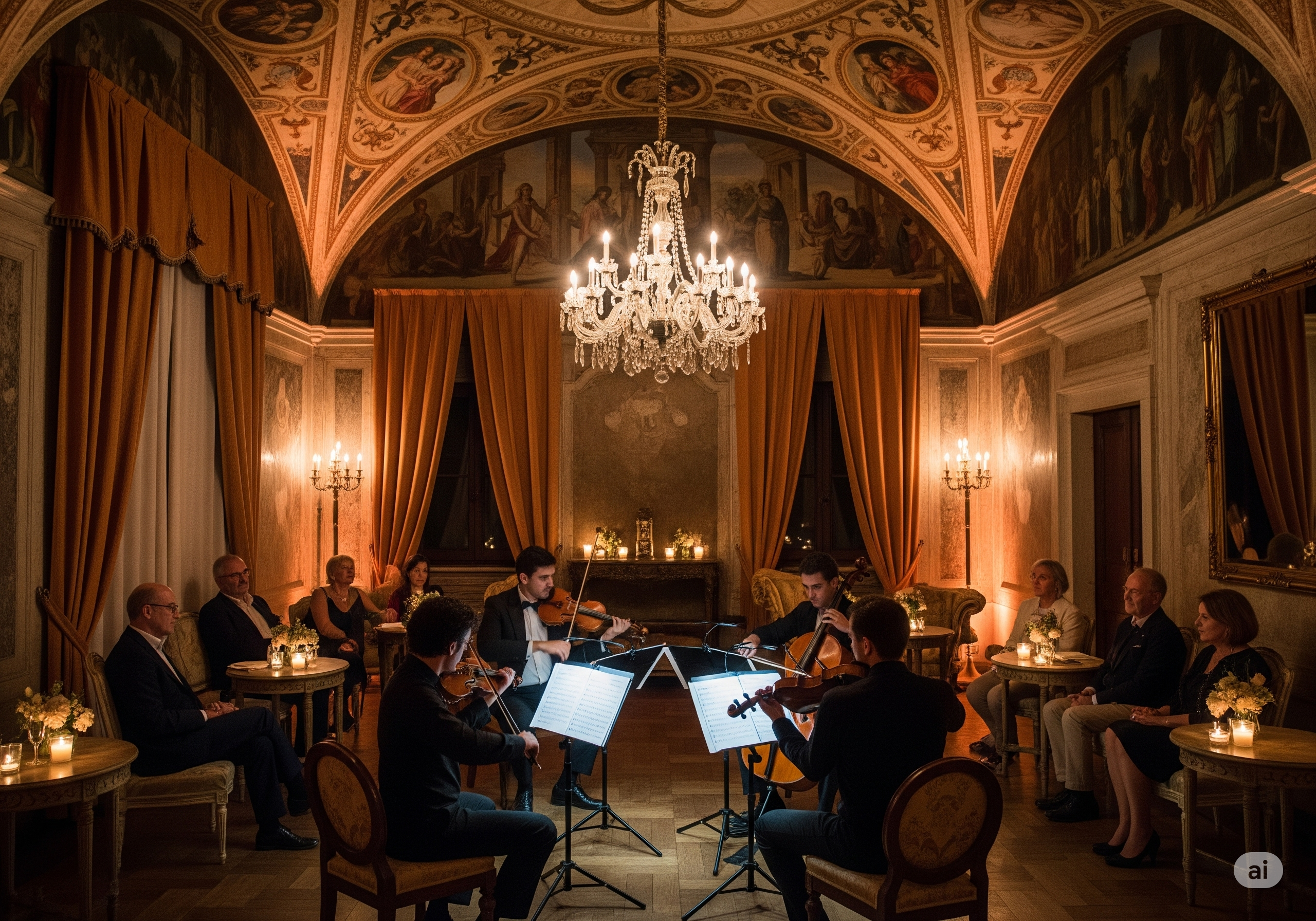 Quartetto d'archi che suona in un salone affrescato durante un evento privato e su misura in una villa veneta, evidenziando il lusso e l'esclusività.