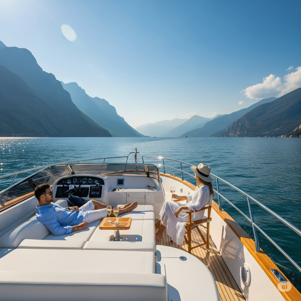 Barca a vela sul Lago di Garda al tramonto, un'esperienza di relax e benessere in Veneto.