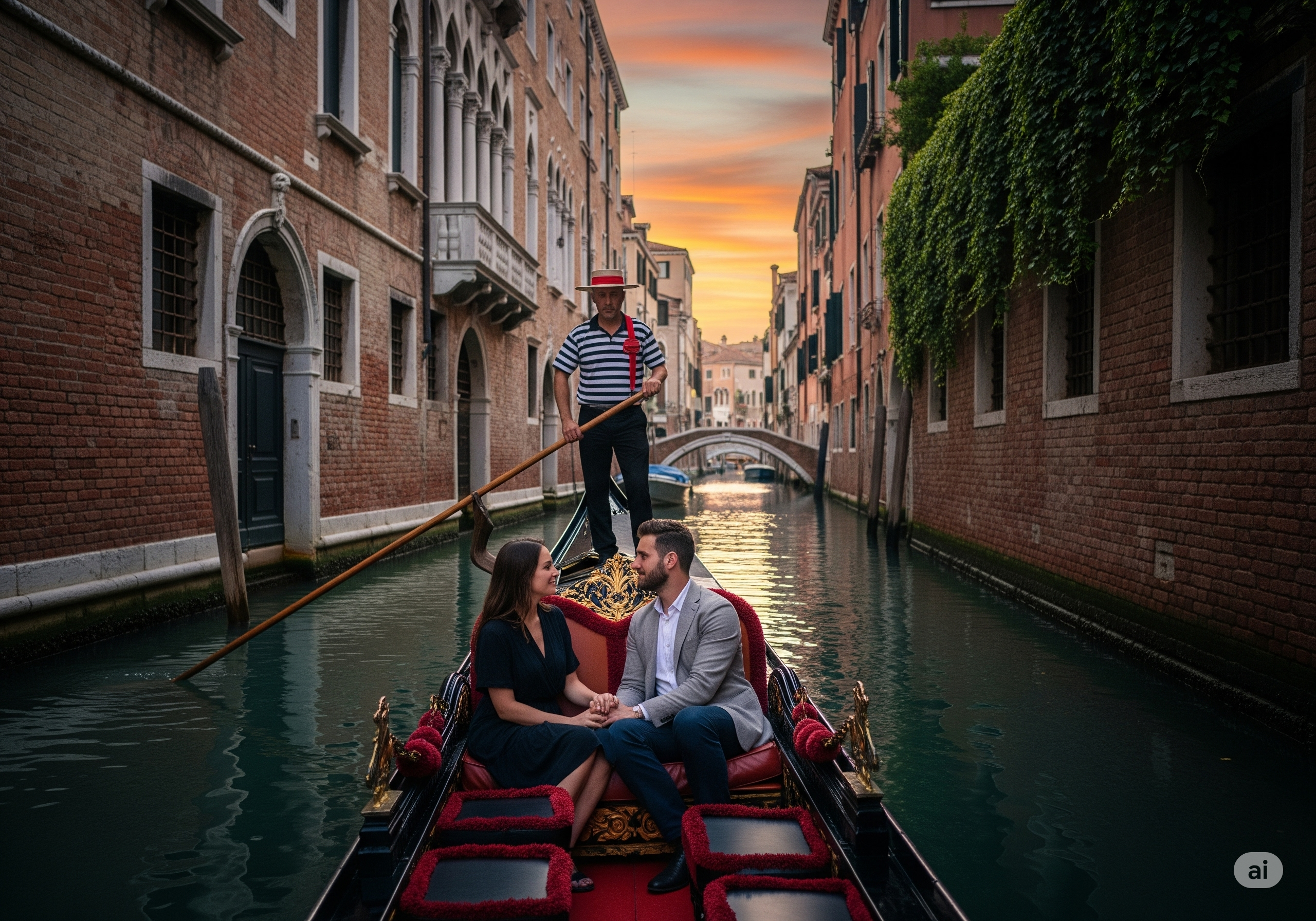 Coppia elegante in una gondola privata in un canale di Venezia al tramonto, simbolo di un'esperienza di lusso e su misura.