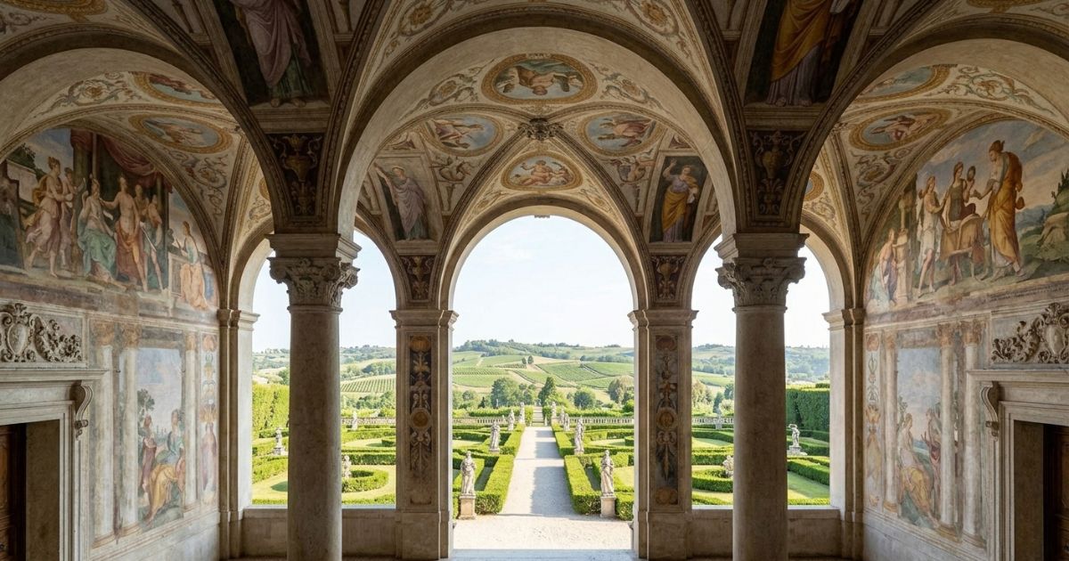Scorcio prospettico da una loggia rinascimentale affrescata di una Villa Veneta in Valpolicella, con vista su un giardino all'italiana geometrico e colline coltivate a vigneto sotto un cielo limpido.